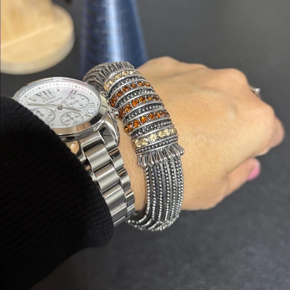 Silver Tone Citrine Garnet CZ Hinged Cuff Chunky Elegant Bracelet
